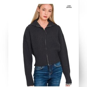 Black Ribbed Zip-Up Sweater